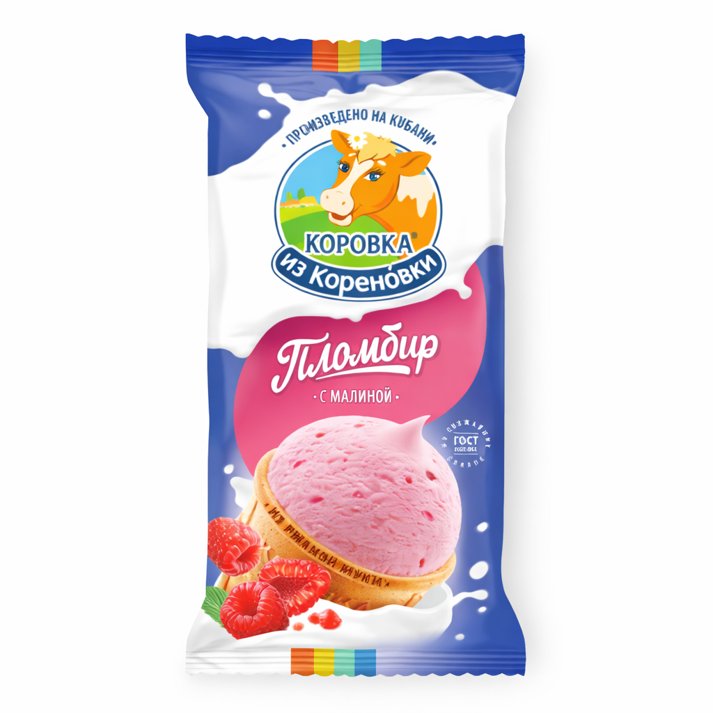 Мороженое пломбир с малиной в вафельном стаканчике 80г